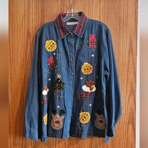 Festive Denim Shirt with Holiday Embroidery